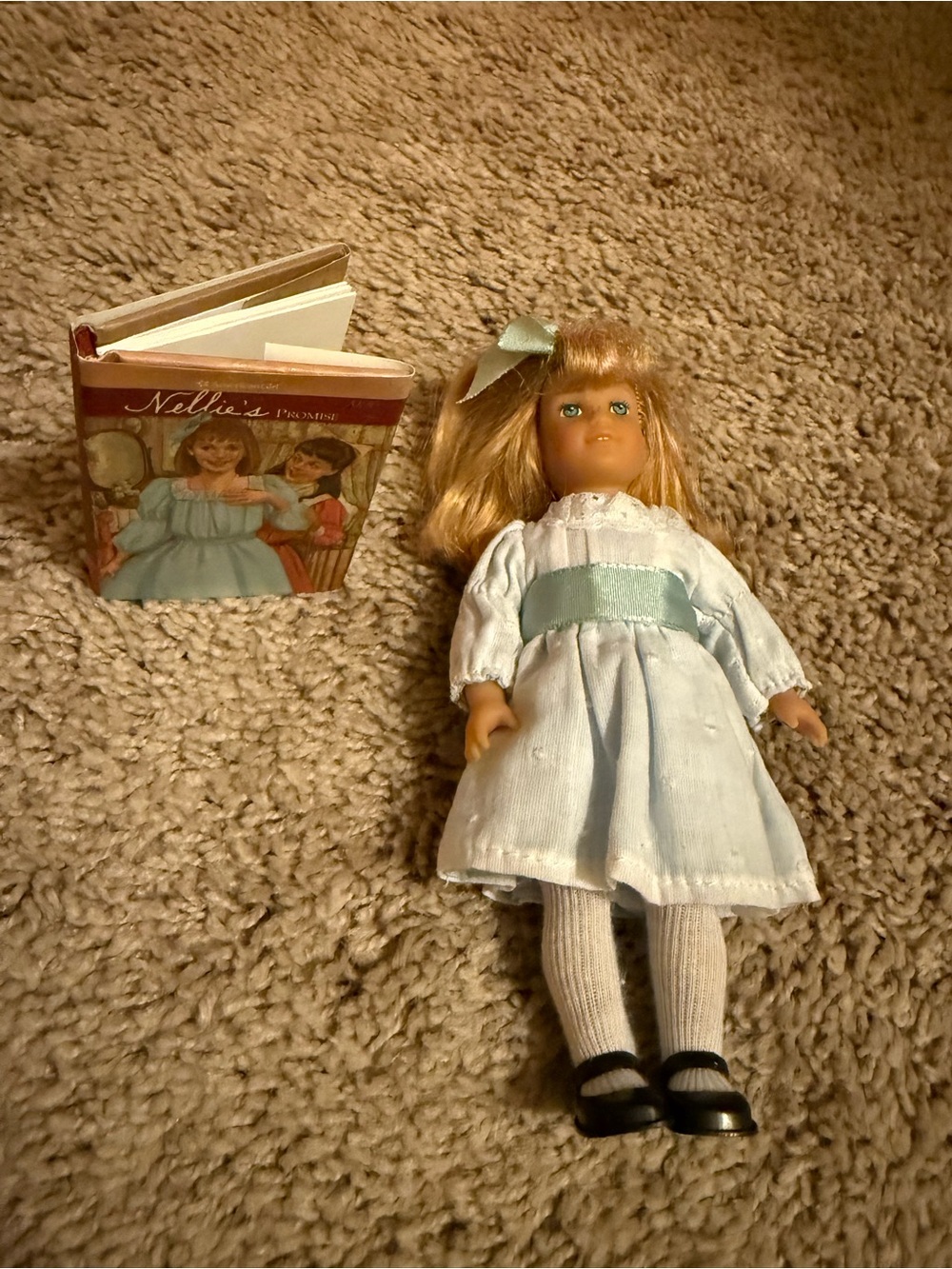 AG Mini Nellie Doll in Light Blue Dress with Matching Hair Bow, Mini Book